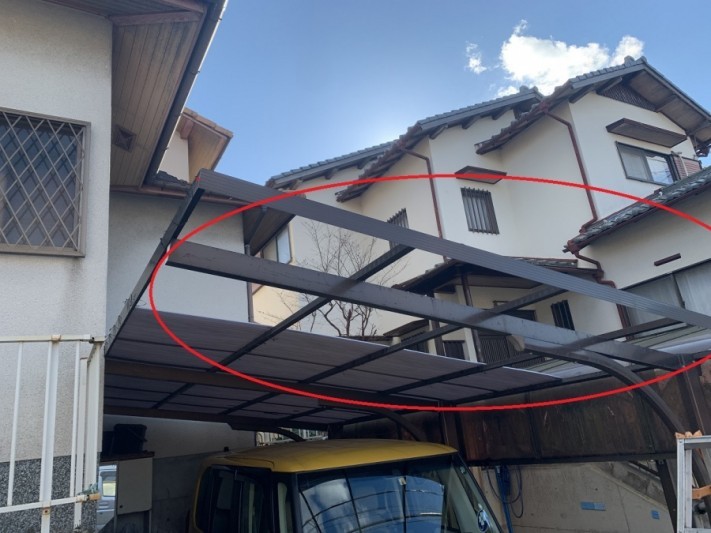 神戸市西区で行った波板工事前のお見積もりで波板が飛散して無くなっている様子