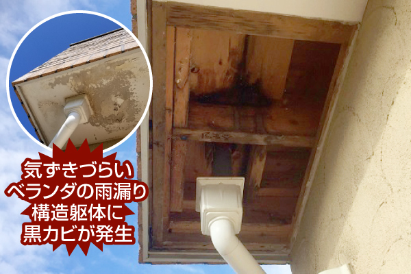 気ずきづらいベランダの雨漏り構造躯体に黒カビが発生