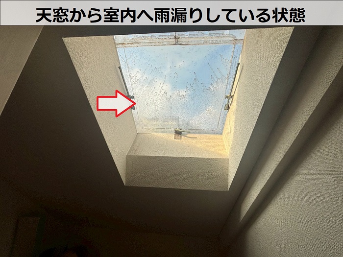 宝塚市で天窓からの雨漏り原因調査を行う現場で雨漏りしている様子