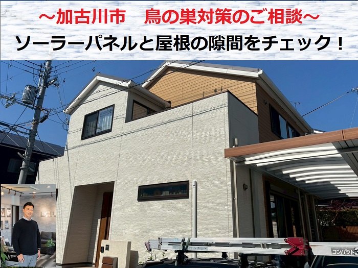 加古川市　鳥の巣対策のご相談！ソーラーパネルと屋根の隙間をチェック