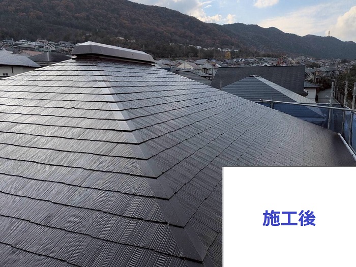 神戸市北区で色褪せたスレート屋根へ遮熱塗料で塗装した後の様子