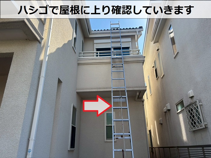 屋根にハシゴを掛けている様子