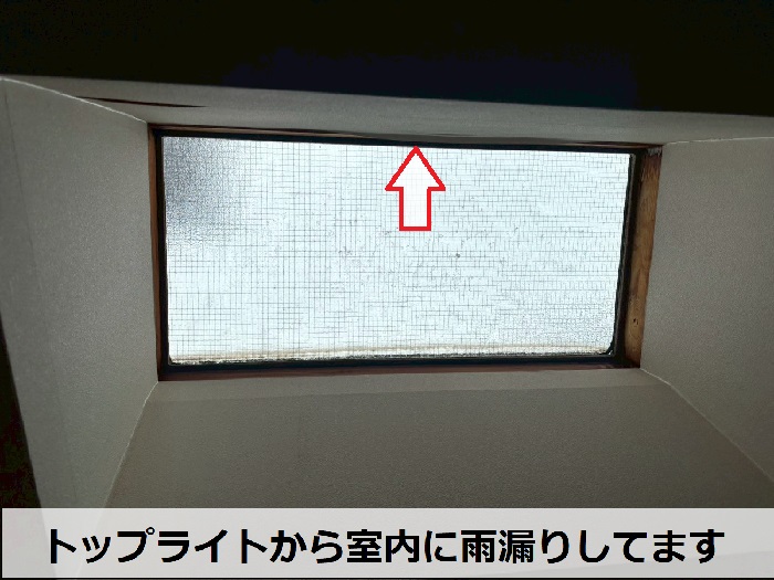トップライトから雨漏りしている様子