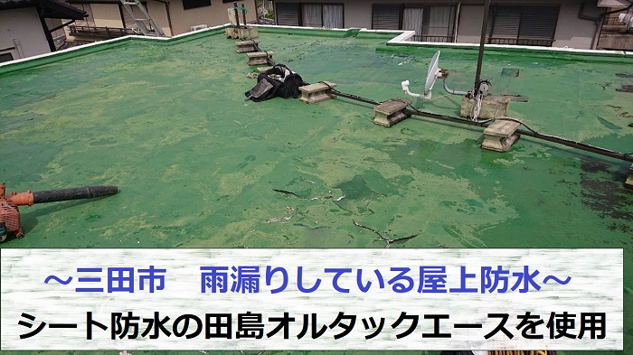 三田市で雨漏りしている屋上防水にシート防水である田島オルタックエースを使用する現場の様子