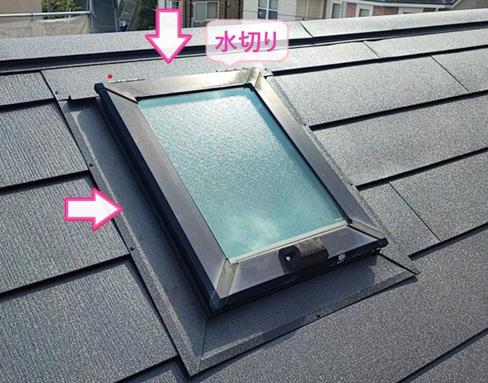 スレート屋根の金属重ね張りでトップライトのまわりに水切りを取り付けている様子