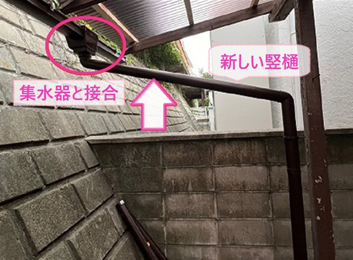 破損した雨樋の取り替えで新しい竪樋と集水器を接合している様子