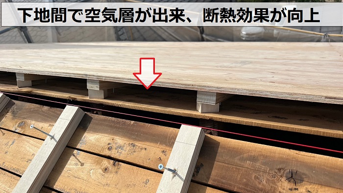 尼崎市での屋根葺き替え工事で下地用合板を貼っている様子