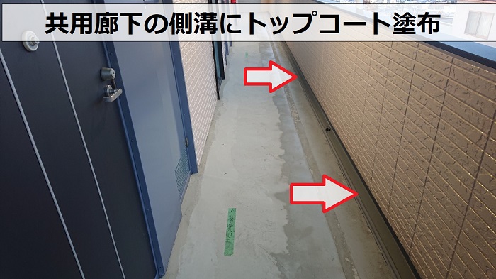 神戸市北区で共用廊下の側溝にトップコートを塗っている様子