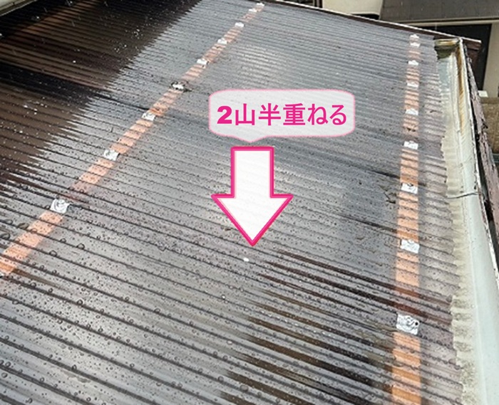 ベランダ波板の交換リフォームでポリカ波板は２山半重ねている様子
