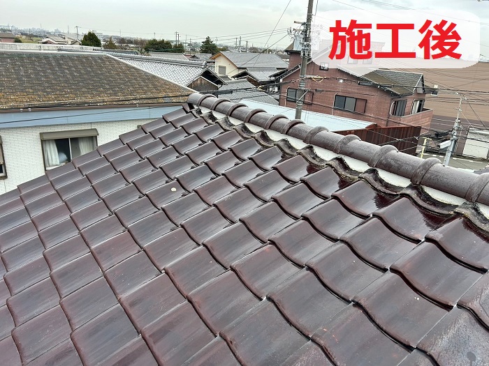 明石市の方へ釉薬和瓦の雨漏り修理として部分的な工事を行った後の様子