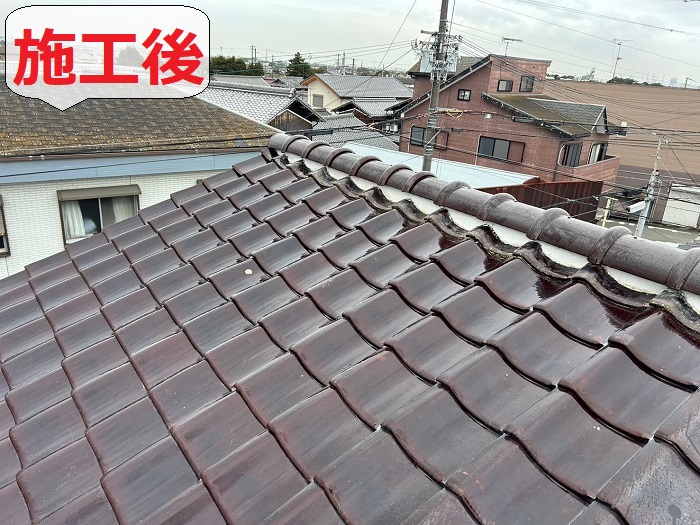 瓦屋根の棟瓦を直した後