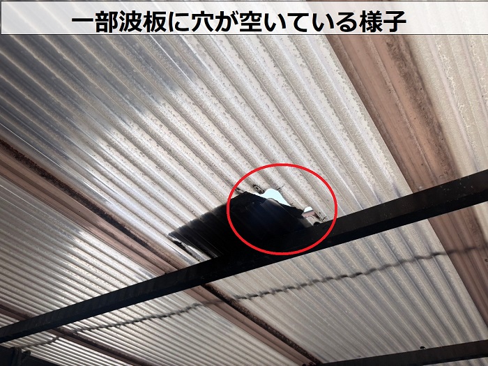 一部波板に穴が空いている
