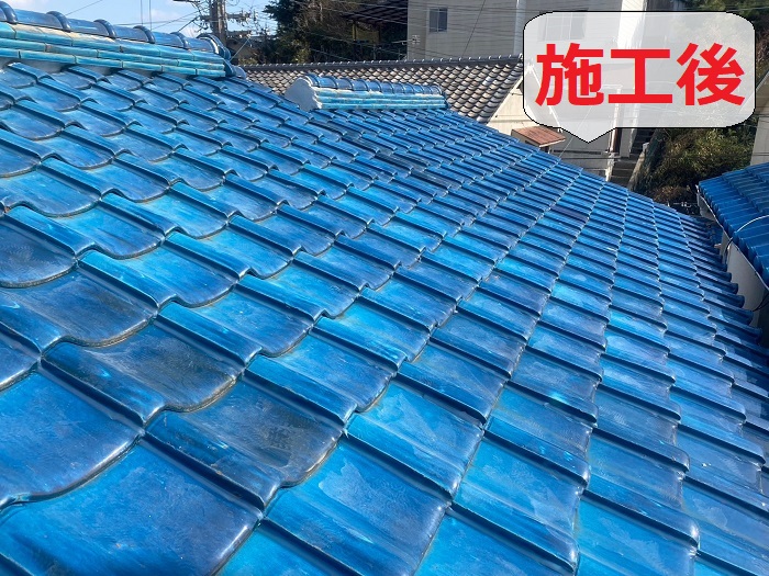 瓦屋根の再利用で棟瓦積み直しを行った後の様子