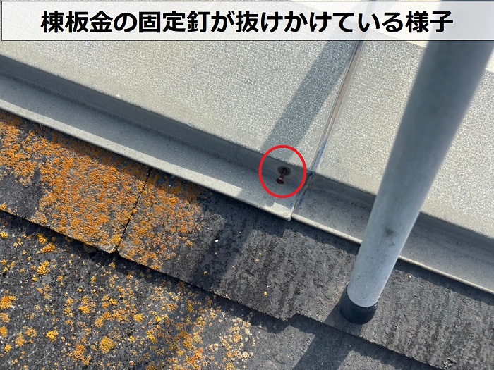 棟板金の固定釘が抜けかけている様子