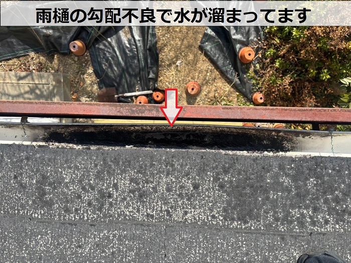 雨樋の勾配不良で水が溜まっている様子