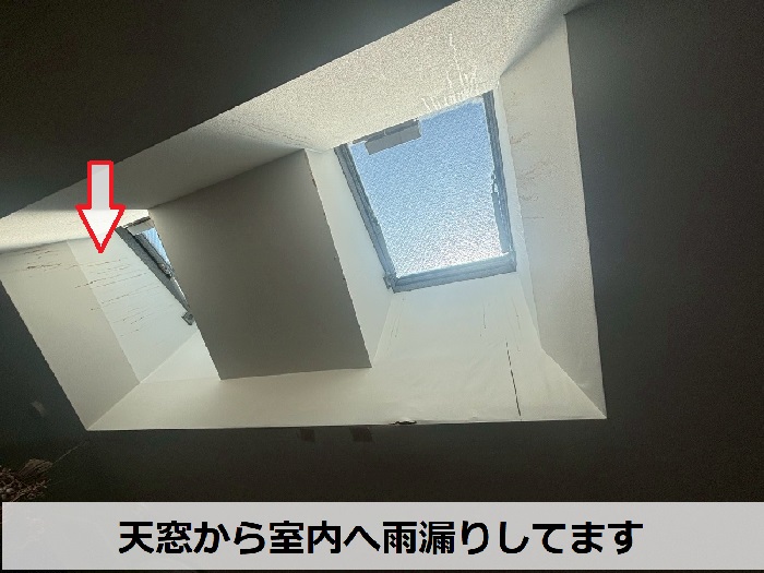 天窓から雨漏りしている様子