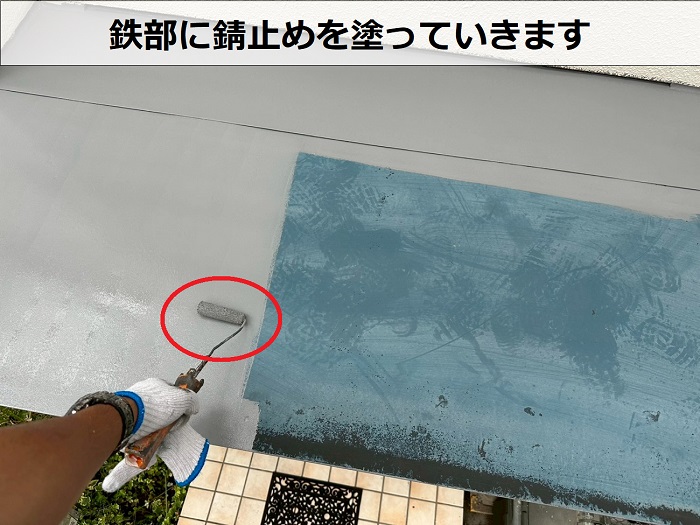 西宮市で日本ペイントのラジカル制御塗料パーフェクトトップで外壁塗り替えを行なう現場で錆止め