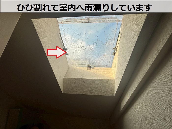 トップライトから雨漏りしている様子