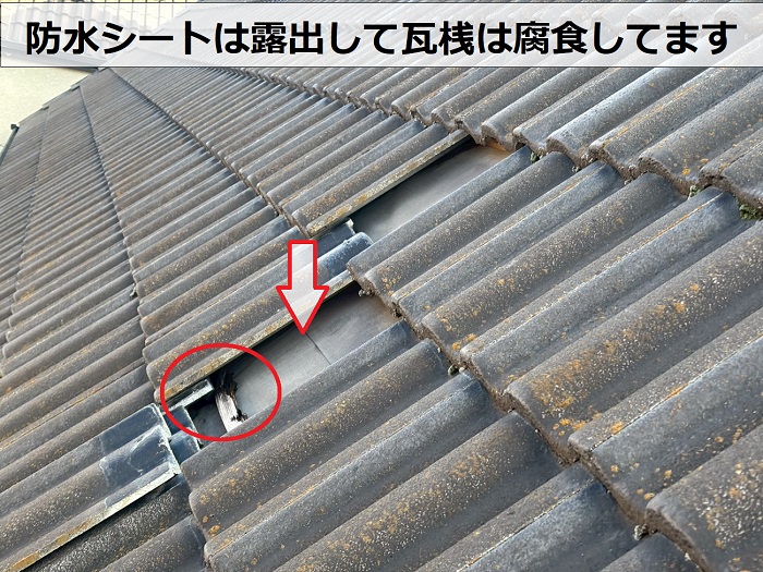 防水シートが露出している様子を記載