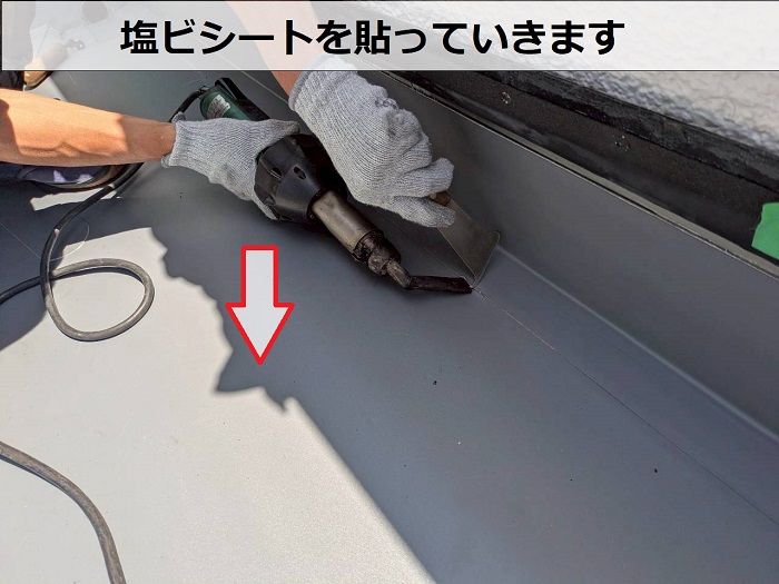 パナホーム戸建てのベランダ防水改修工事で塩ビシートを貼り替えで塩ビシート貼り