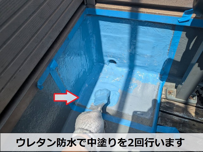 神戸市垂水区で屋上の雨漏り修理として防水層の排水ドレンを交換でウレタン中塗り