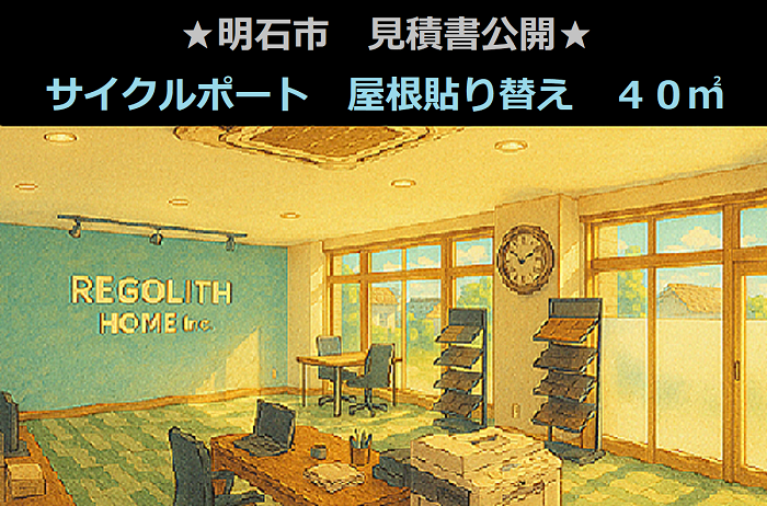明石市　見積書公開！サイクルポート　４０㎡　屋根貼り替え　小波鉄板使用