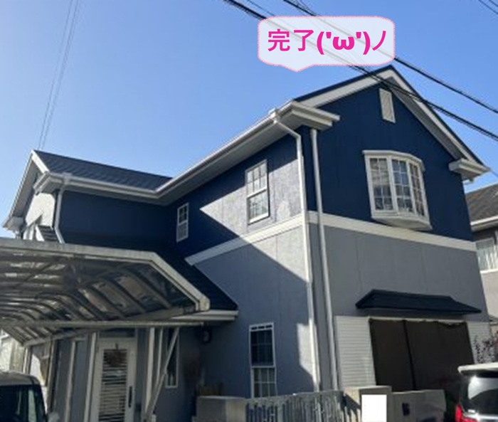 姫路市のリシン外壁で長持ち塗料で再塗装が完了した現場の様子