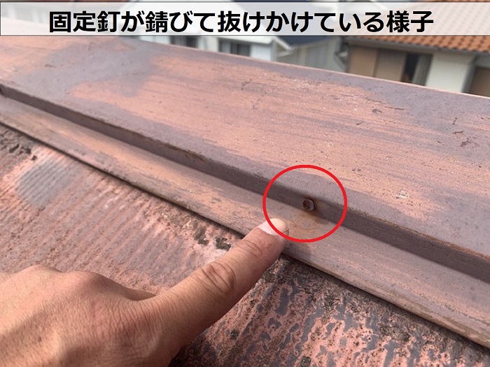 屋根板金の釘が錆びている様子