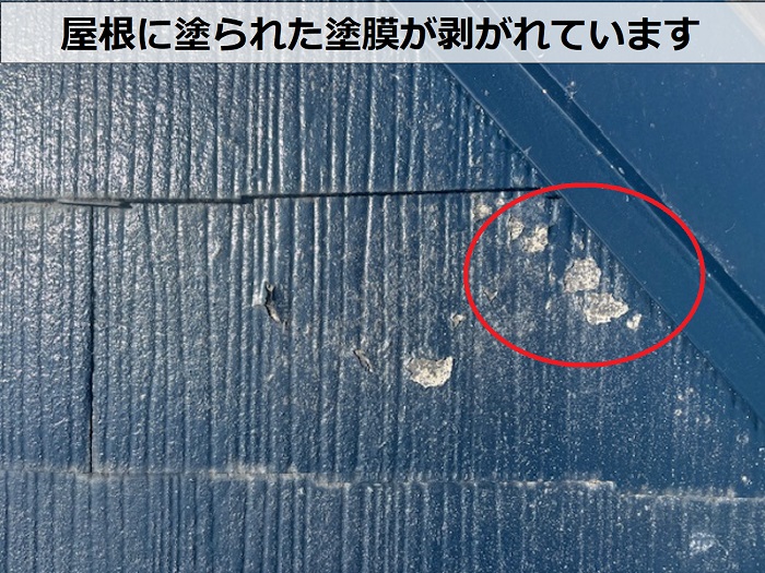 屋根の塗膜が剥がれている様子