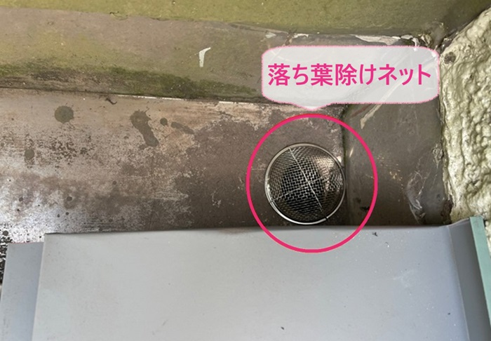 立平からの雨漏り修繕で排水ドレンに落ち葉除けネットを取り付けている様子