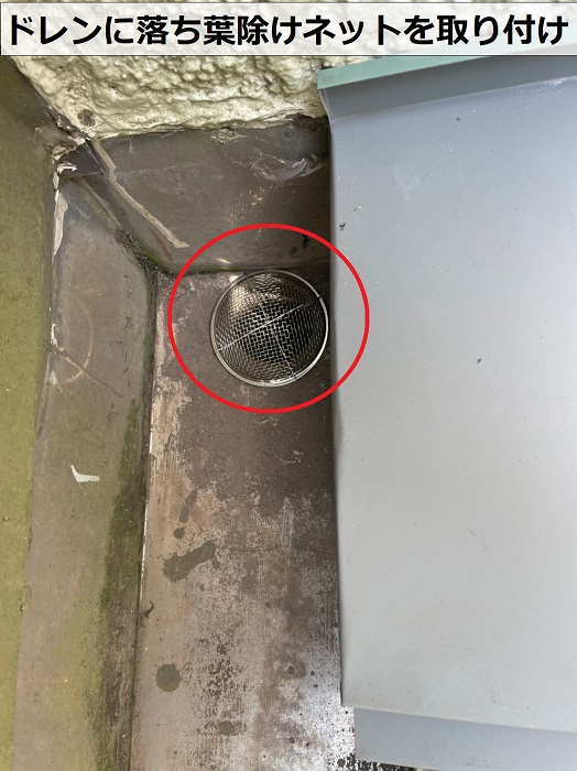 雨漏り修理で排水ドレンに落ち葉除けネットを取り付けた様子