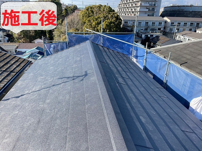三木市でセキスイかわらUを金属屋根に葺き替え工事した後の様子