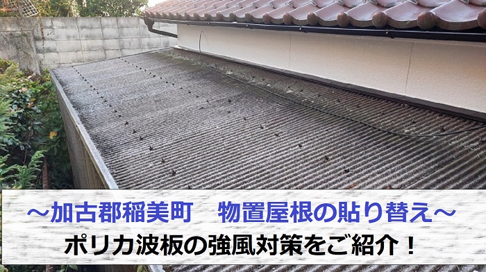 加古郡稲美町で物置屋根のポリカ波板貼り替えを行った様子