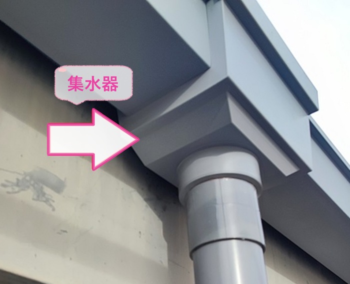 テナント建物の大型雨どいリニューアル工事で集水器を取り付けている様子
