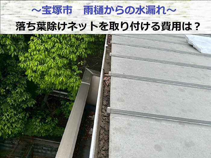 宝塚市で雨樋からの水漏れを解消するために落ち葉除けネットを取り付ける現場の様子