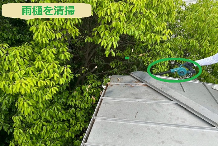 宝塚市でパナソニックの落ち葉除けネット取り付けを行う現場で雨樋清掃