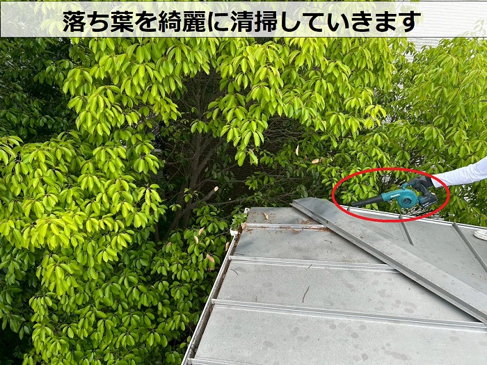 宝塚市で雨樋からの水漏れを解消するために落ち葉除けネットを取り付けで落ち葉清掃