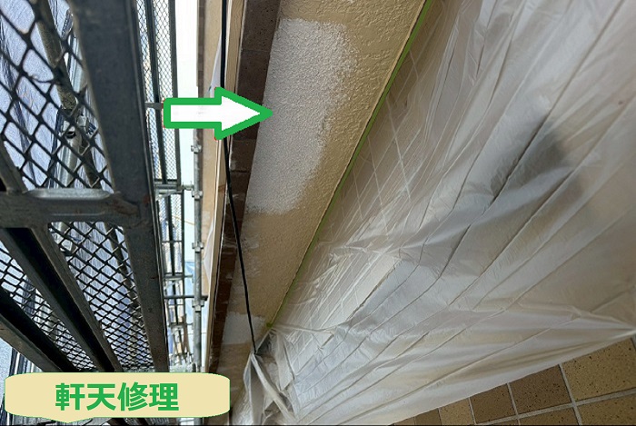 加古郡播磨町で軒天の塗り替えを行う現場で軒天モルタル補修
