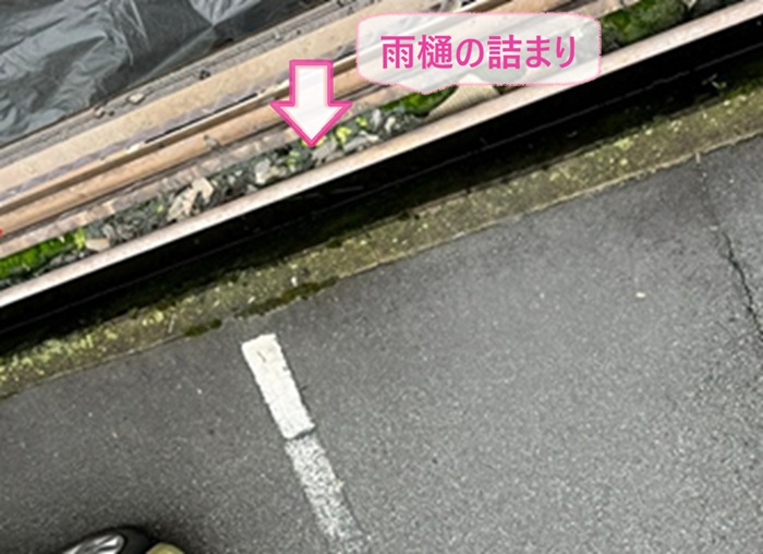 ストックヤード屋根の波板張り替えで波板撤去後の雨樋が詰まっている様子