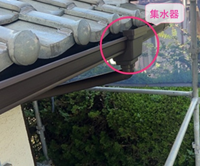 古い半円型雨どいの交換で排水部分に集水器を取り付けている様子