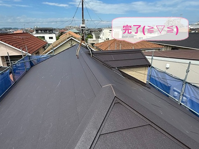宝塚市の鳩小屋付きスレート屋根で金属カバー工法が完了した現場の様子