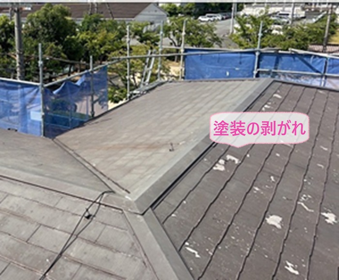 戸建ての重ね葺き工事で既存の屋根の塗膜が剥がれている様子