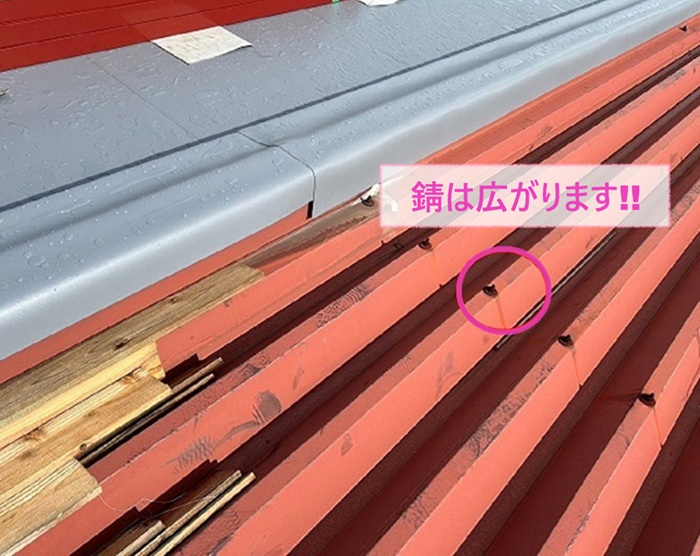 金属屋根の固定ボルトの錆が本体に広がっている様子