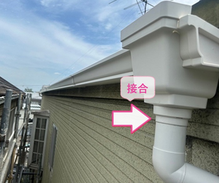 軒先排水部材の交換で集水器と既存の竪樋を接合している様子