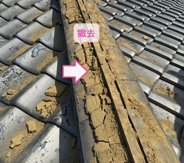 和風住宅の屋根頂部の部分積み直しで既存の棟瓦を撤去している様子