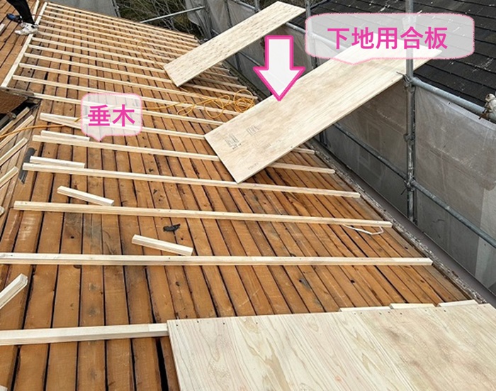 M型屋根の全面リニューアルで垂木と下地用合板を取り付けている様子
