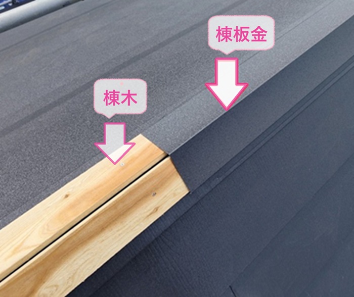 急傾斜な化粧スレートの重ね葺き改修で棟木と棟板金を取り付けている様子