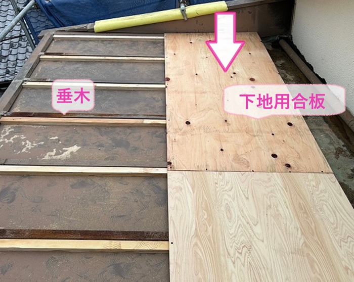 劣化したトタン屋根を重ね葺き改修で垂木と下地用合板を取り付けている様子