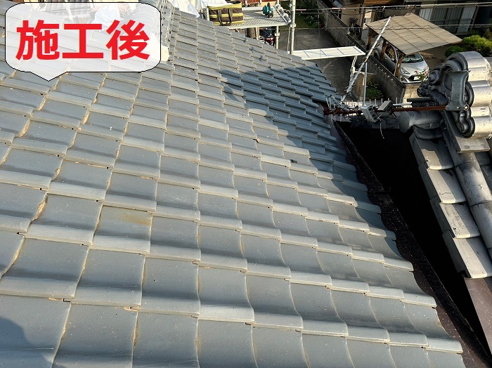 小野市近隣地域で雨漏り原因となる瓦屋根の一部貼り替えを行った後の様子