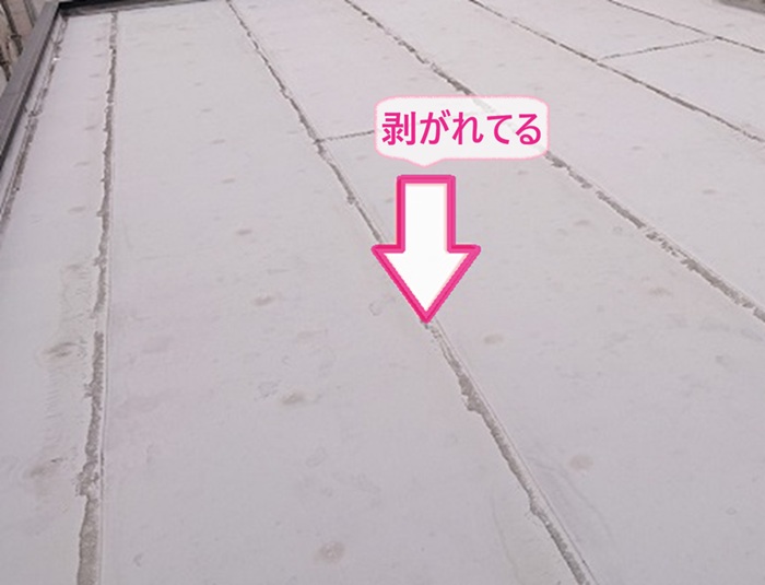 陸屋根の防水改修で既存のゴムシート防水のジョイントが剥がれている様子